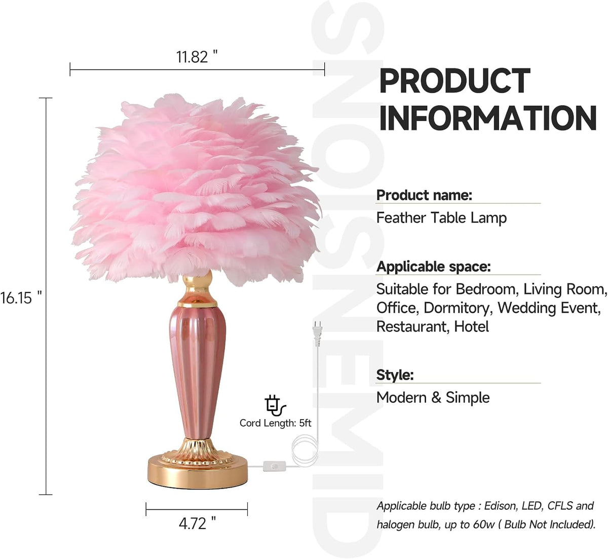 Pink Feather Lamp Creative Princess Bedside Lamp Feather Table Lamp Cute Goose Nightstand Light for Girl Bedroom Living Room Entryway Hotel Office Wedding Valentines