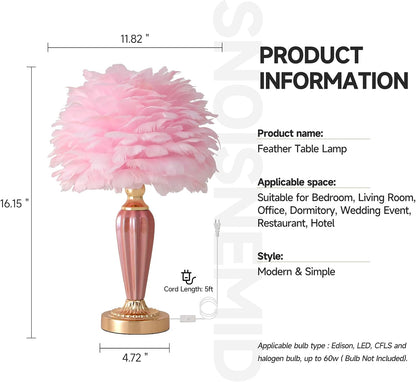 Pink Feather Lamp Creative Princess Bedside Lamp Feather Table Lamp Cute Goose Nightstand Light for Girl Bedroom Living Room Entryway Hotel Office Wedding Valentines