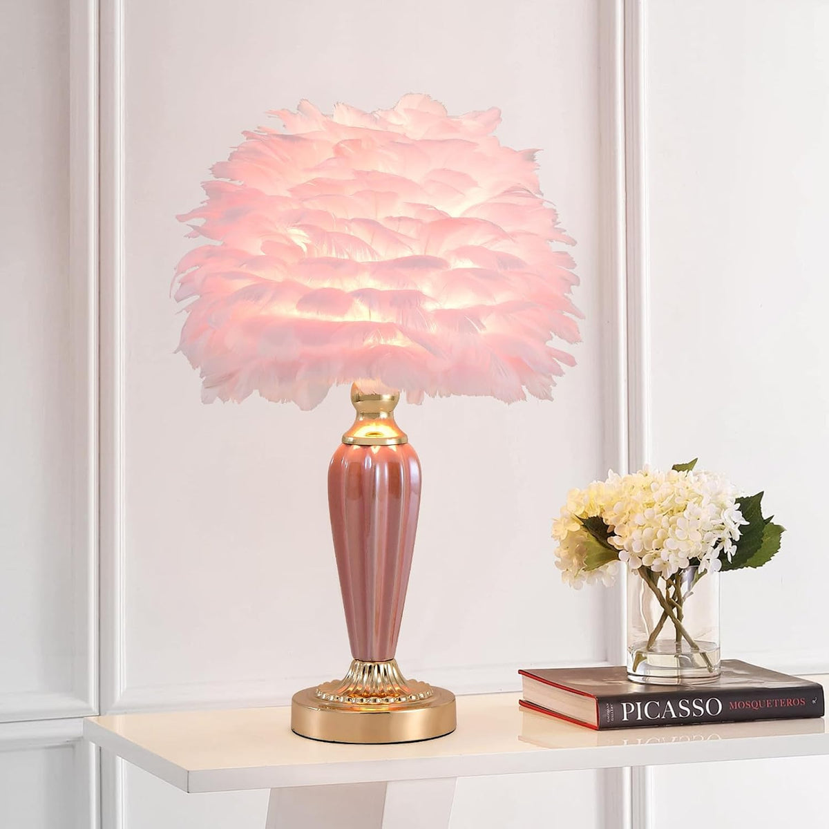 Pink Feather Lamp Creative Princess Bedside Lamp Feather Table Lamp Cute Goose Nightstand Light for Girl Bedroom Living Room Entryway Hotel Office Wedding Valentines