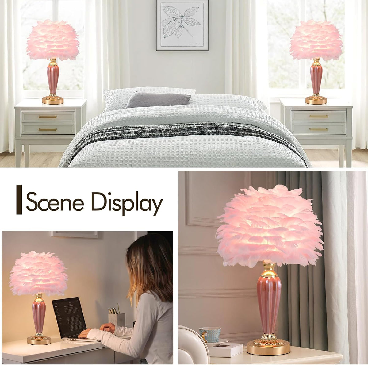 Pink Feather Lamp Creative Princess Bedside Lamp Feather Table Lamp Cute Goose Nightstand Light for Girl Bedroom Living Room Entryway Hotel Office Wedding Valentines