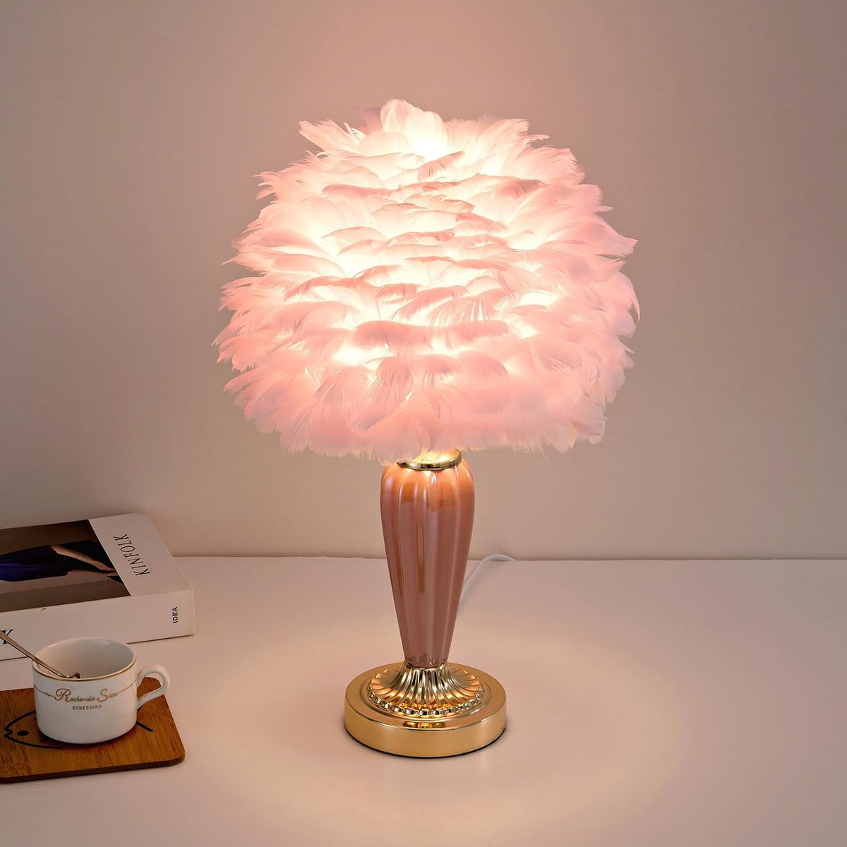 Pink Feather Lamp Creative Princess Bedside Lamp Feather Table Lamp Cute Goose Nightstand Light for Girl Bedroom Living Room Entryway Hotel Office Wedding Valentines