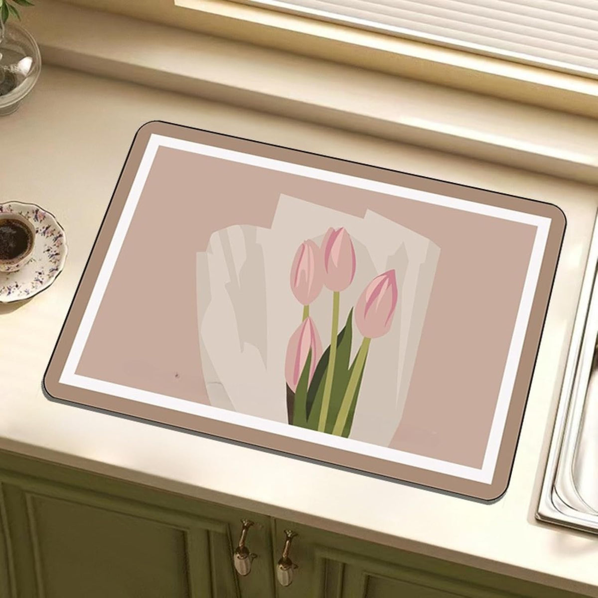 Dish Drying Mat, Quick-Absorbent Non-Slip Silicone Draining Mat for Kitchen Countertops, Multi-Functional Dish Drainer Mat for Utensils, Glassware, and Coffee Machines (Pink Flower)