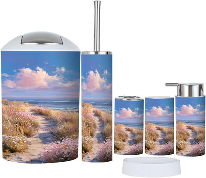 Pink Coastal Bathroom Accessories Set 6 piece Pastel Pink Coastal Wildflower Path Modern Dreamy Aesthetic Plastic shatterproof Vanity Organization countertop Decor for Home, Apartment, Dorm