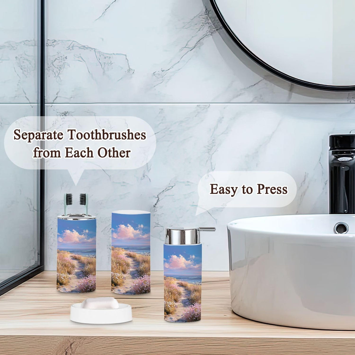 Pink Coastal Bathroom Accessories Set 6 piece Pastel Pink Coastal Wildflower Path Modern Dreamy Aesthetic Plastic shatterproof Vanity Organization countertop Decor for Home, Apartment, Dorm