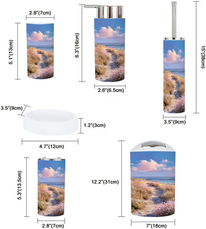 Pink Coastal Bathroom Accessories Set 6 piece Pastel Pink Coastal Wildflower Path Modern Dreamy Aesthetic Plastic shatterproof Vanity Organization countertop Decor for Home, Apartment, Dorm