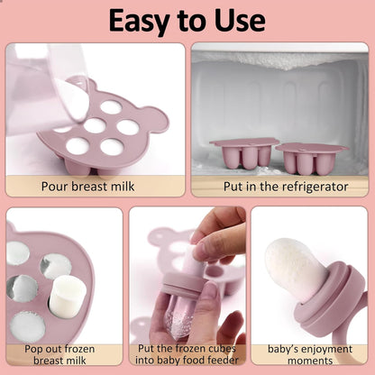 Silicone Breastmilk Popsicle Freezer Molds & Baby Fruit Food Feeder Pacifier, Baby Food Storage Containers Breast Milk Ice Cubes for Baby Teething & Infant Self Feeding, BPA Free - (Light Pink)