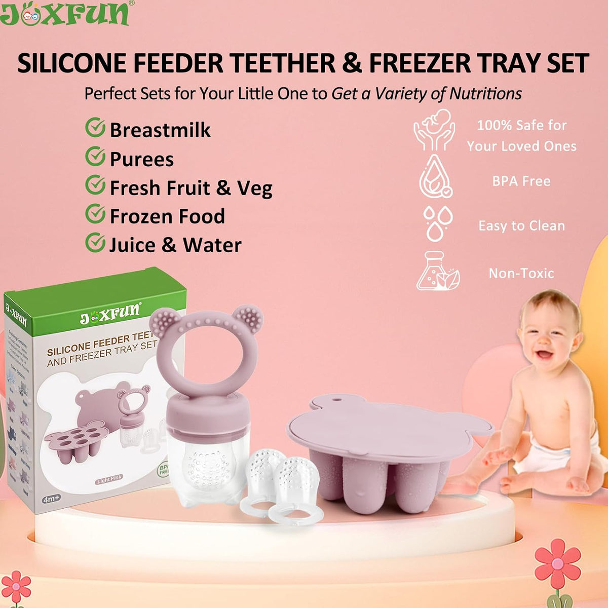Silicone Breastmilk Popsicle Freezer Molds & Baby Fruit Food Feeder Pacifier, Baby Food Storage Containers Breast Milk Ice Cubes for Baby Teething & Infant Self Feeding, BPA Free - (Light Pink)