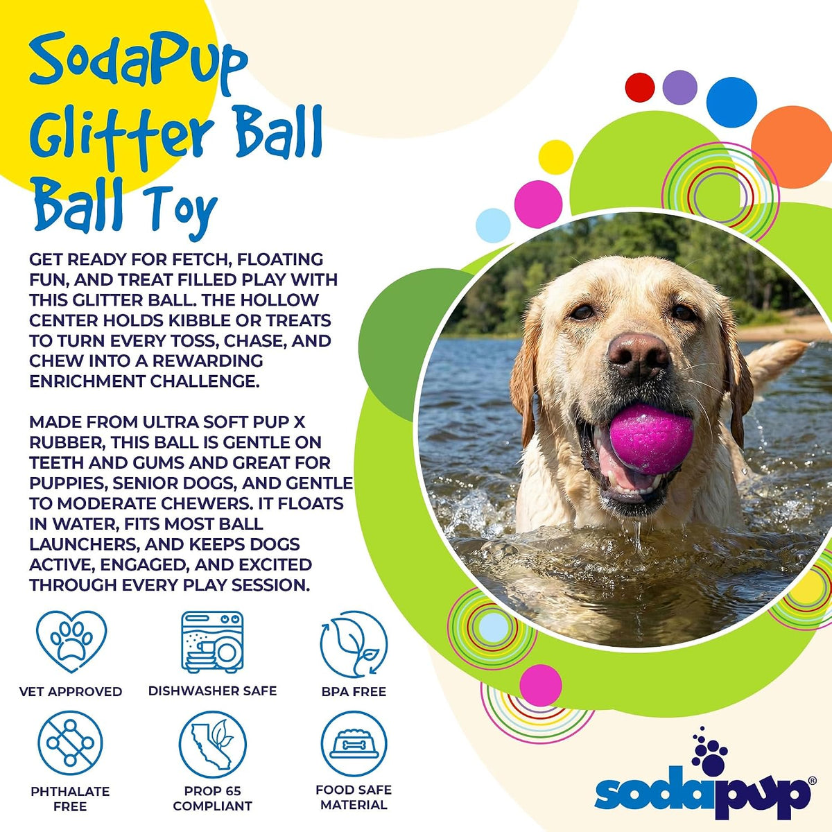 Glitter Ball – Soft Dog Ball Toy, Floating Fetch Ball and Treat Dispenser Made in USA from Non-Toxic Pet Safe Food Safe PUP-X Rubber for Bonding, Physical Exercise, & More