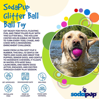 Glitter Ball – Soft Dog Ball Toy, Floating Fetch Ball and Treat Dispenser Made in USA from Non-Toxic Pet Safe Food Safe PUP-X Rubber for Bonding, Physical Exercise, & More