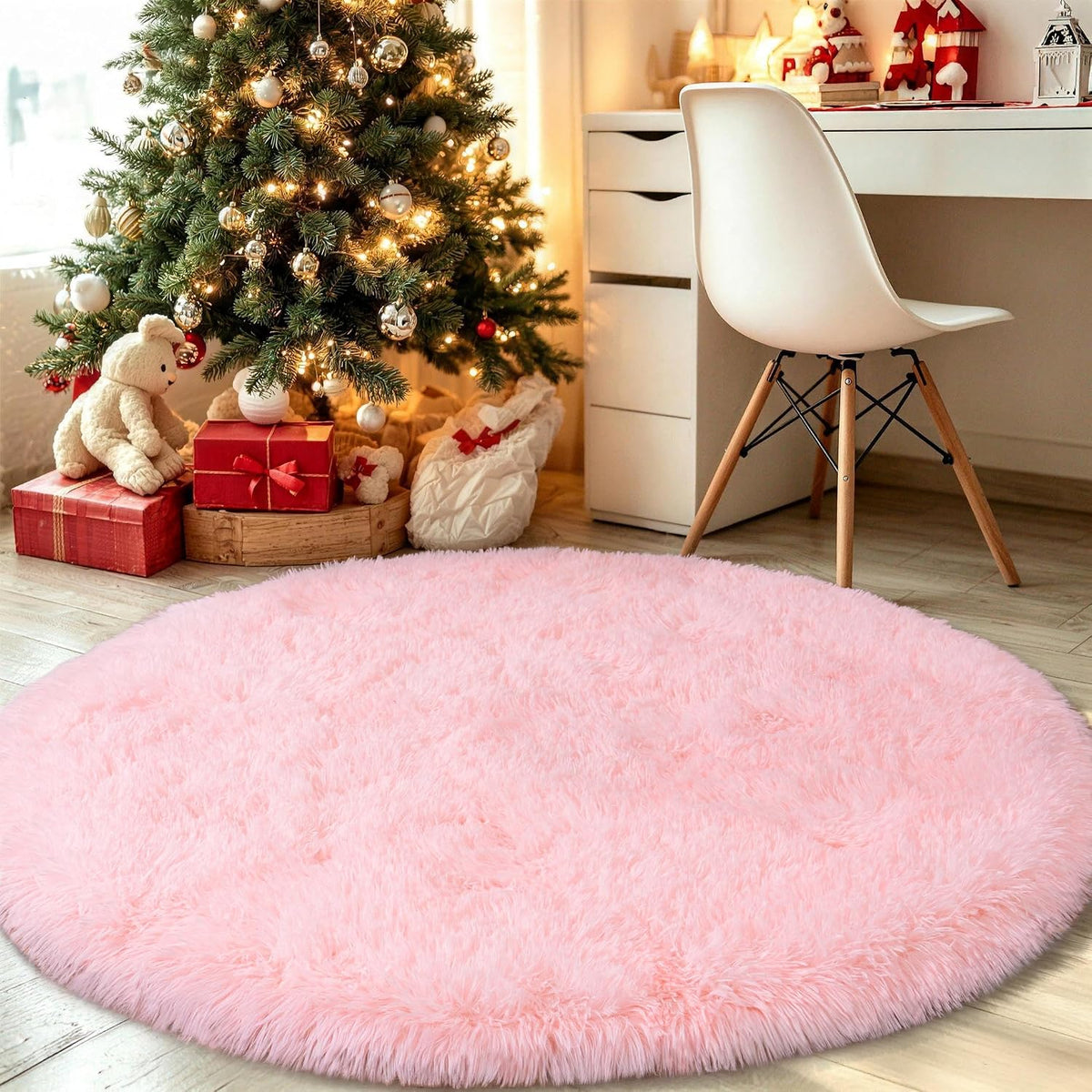 4Ft Fluffy Pink Round Rug for Girls Bedroom Kids Room, Washable Non-Slip