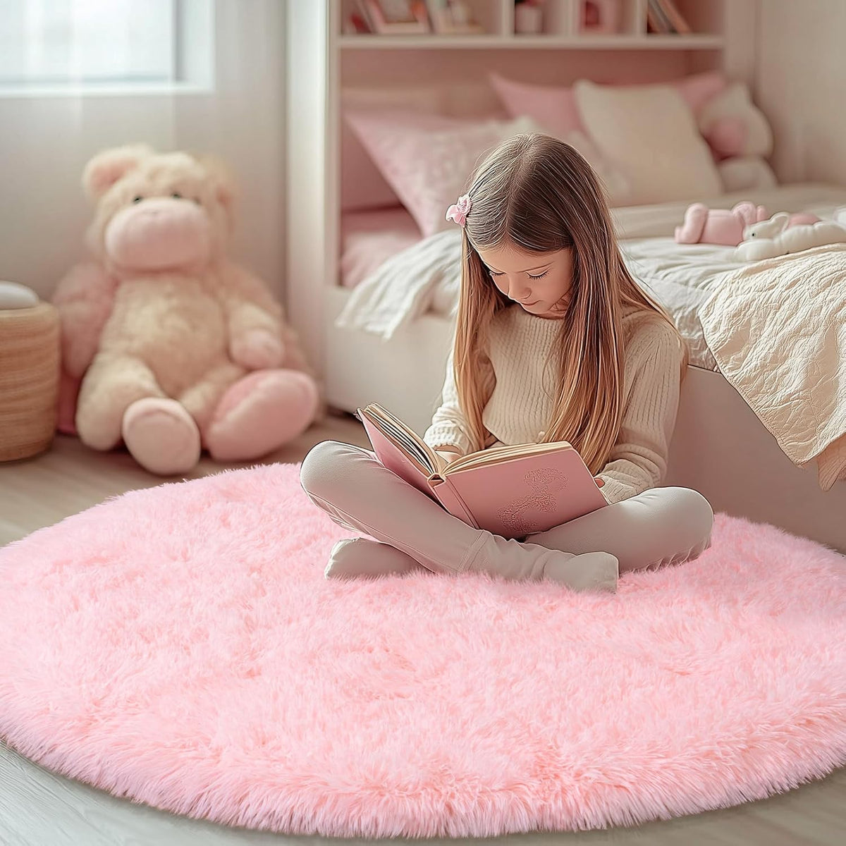 4Ft Fluffy Pink Round Rug for Girls Bedroom Kids Room, Washable Non-Slip