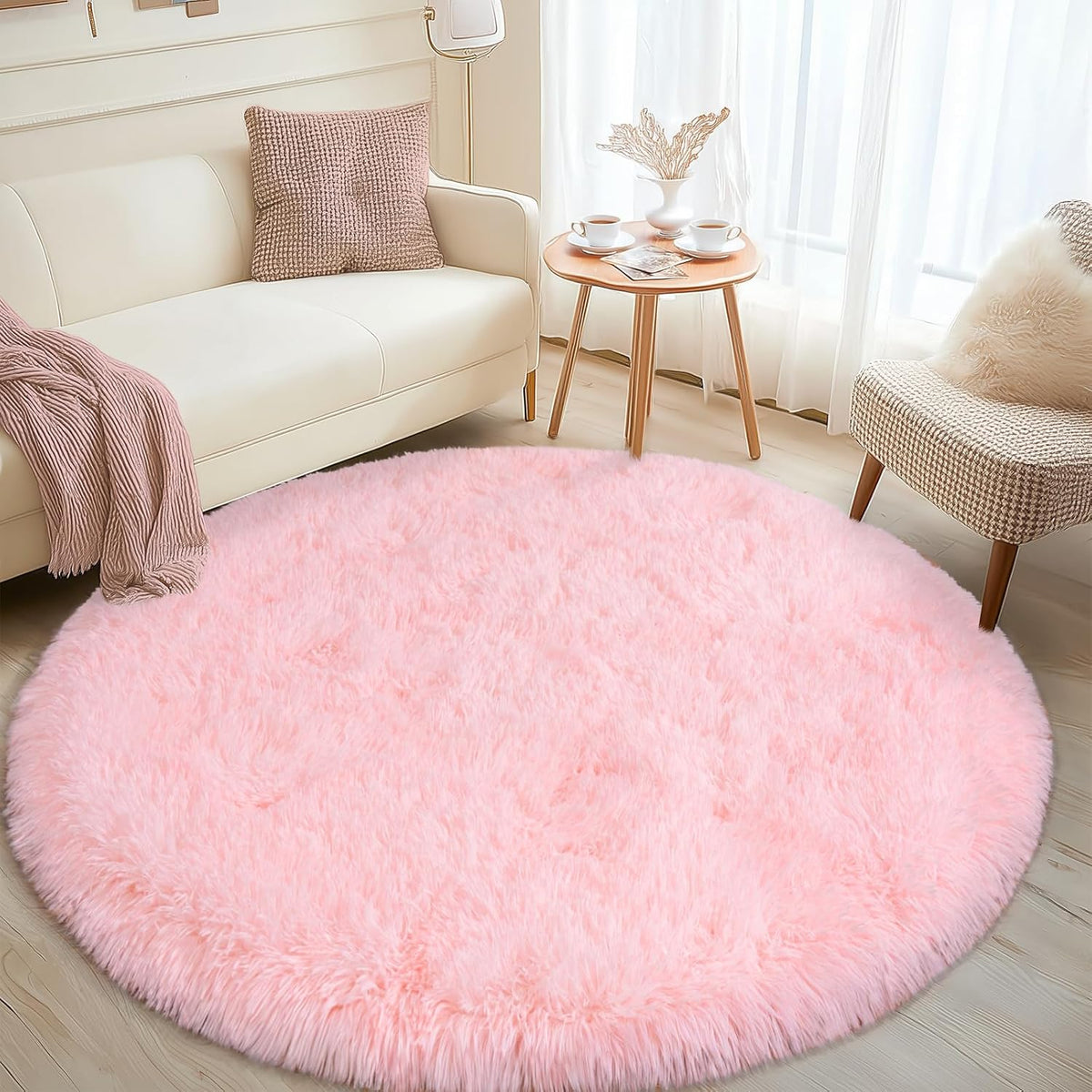 4Ft Fluffy Pink Round Rug for Girls Bedroom Kids Room, Washable Non-Slip