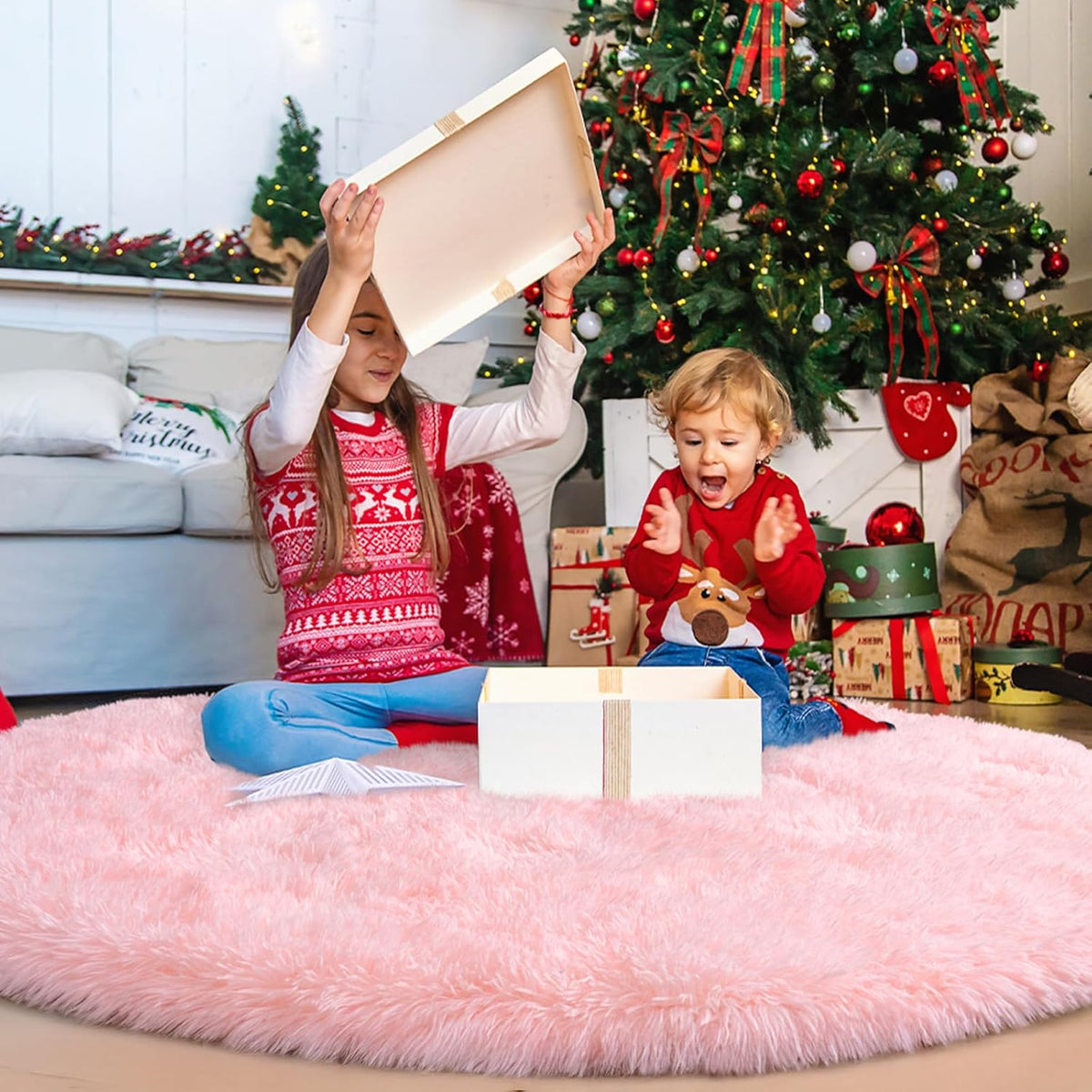 4Ft Fluffy Pink Round Rug for Girls Bedroom Kids Room, Washable Non-Slip