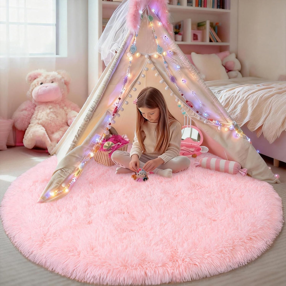 4Ft Fluffy Pink Round Rug for Girls Bedroom Kids Room, Washable Non-Slip