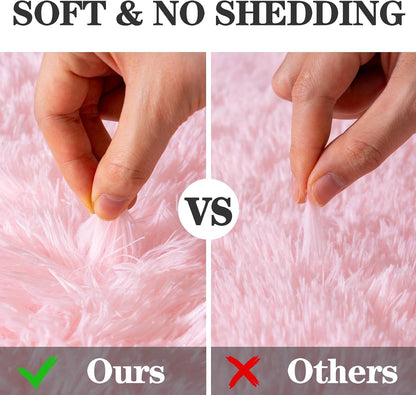4Ft Fluffy Pink Round Rug for Girls Bedroom Kids Room, Washable Non-Slip