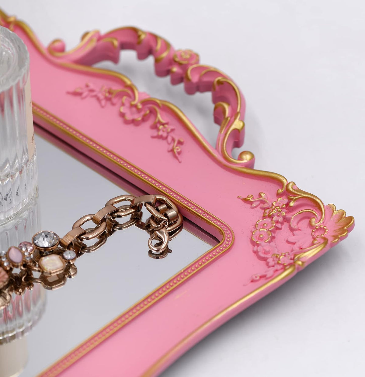 Antique Decorative Pink Framed Square Mirror Tray (Pink)