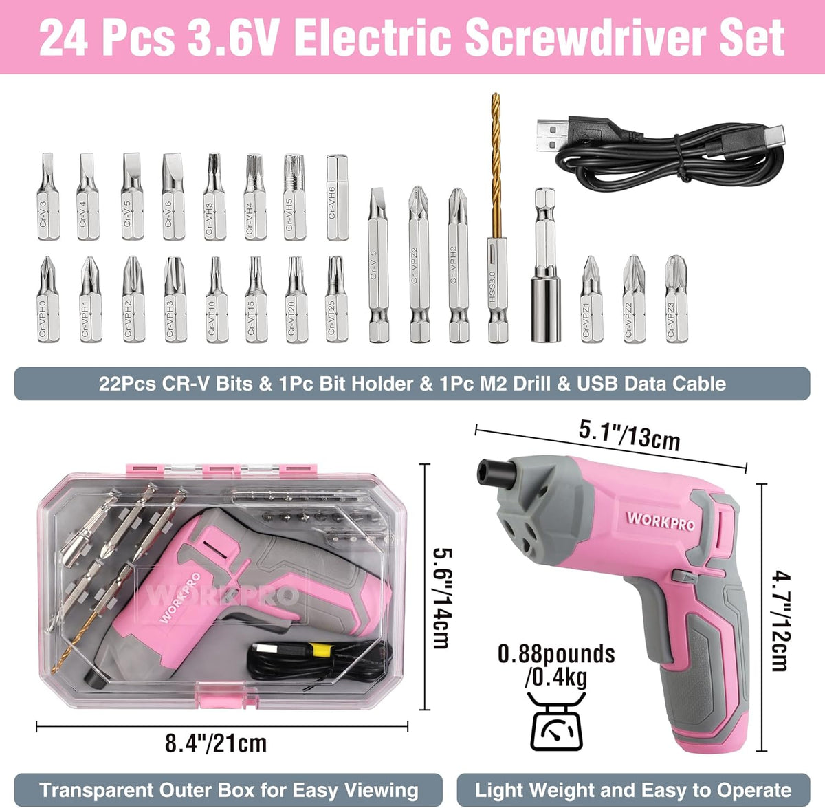 Pink Cordless Screwdriver Set, Rechargeable Eccentric Screwdriver