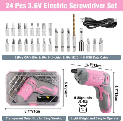 Pink Cordless Screwdriver Set, Rechargeable Eccentric Screwdriver