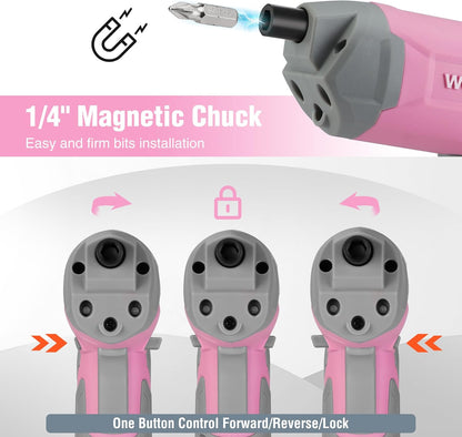 Pink Cordless Screwdriver Set, Rechargeable Eccentric Screwdriver