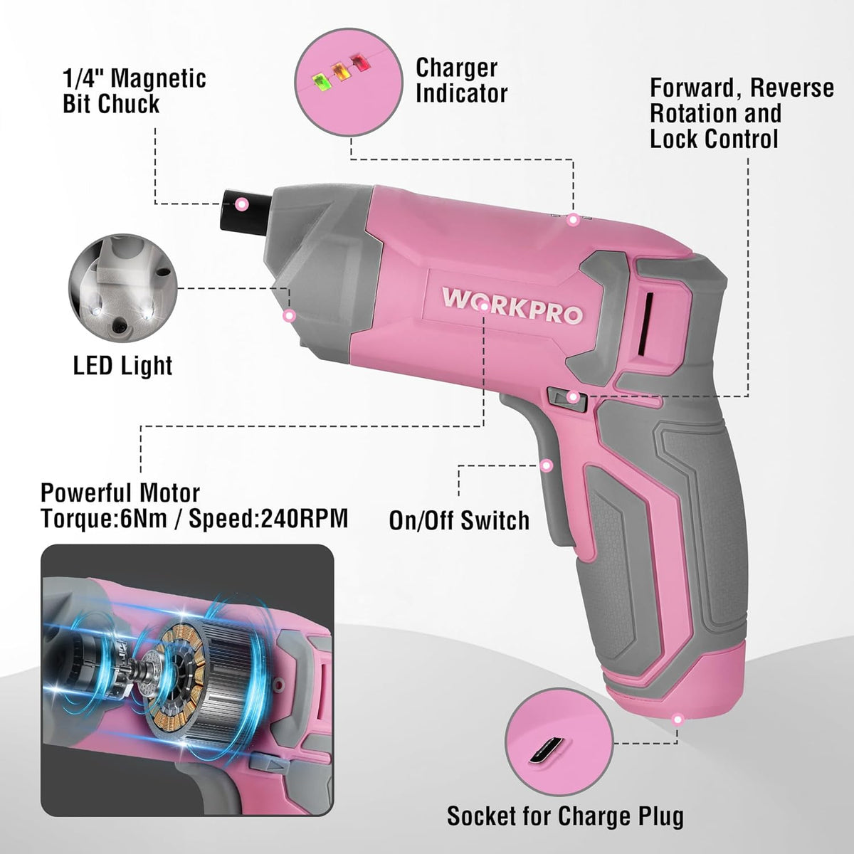 Pink Cordless Screwdriver Set, Rechargeable Eccentric Screwdriver