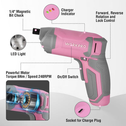 Pink Cordless Screwdriver Set, Rechargeable Eccentric Screwdriver