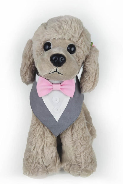 Dog Tuxedo Pink Bow, Tuxedo Bow Tie Collar, Bow Tuxedo, Tuxedo Red Bow Tie, Tuxedo Bandana, Adjustable Pet Outfit for Medium Large Dogs (L, Gray Bandana with Pink Bowtie)