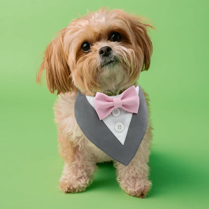 Dog Tuxedo Pink Bow, Tuxedo Bow Tie Collar, Bow Tuxedo, Tuxedo Red Bow Tie, Tuxedo Bandana, Adjustable Pet Outfit for Medium Large Dogs (L, Gray Bandana with Pink Bowtie)