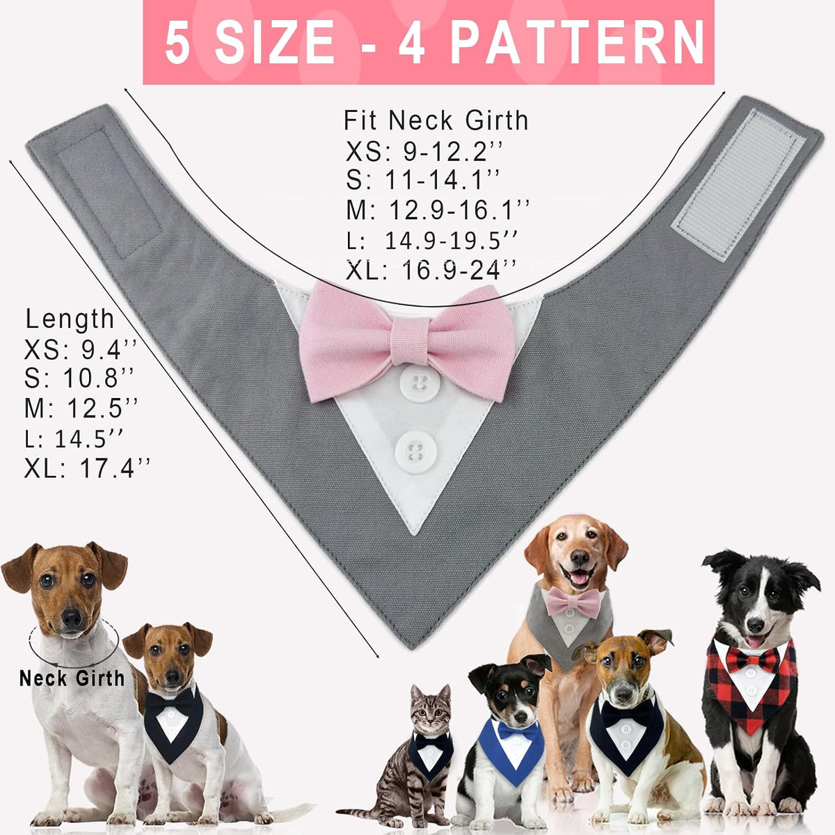 Dog Tuxedo Pink Bow, Tuxedo Bow Tie Collar, Bow Tuxedo, Tuxedo Red Bow Tie, Tuxedo Bandana, Adjustable Pet Outfit for Medium Large Dogs (L, Gray Bandana with Pink Bowtie)