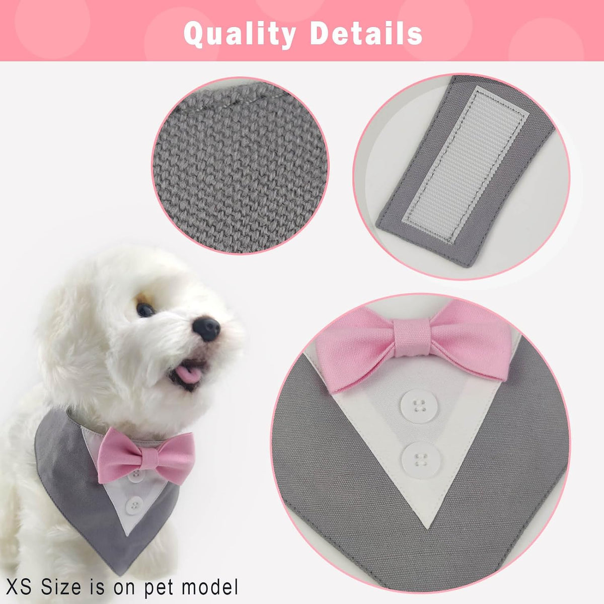 Dog Tuxedo Pink Bow, Tuxedo Bow Tie Collar, Bow Tuxedo, Tuxedo Red Bow Tie, Tuxedo Bandana, Adjustable Pet Outfit for Medium Large Dogs (L, Gray Bandana with Pink Bowtie)