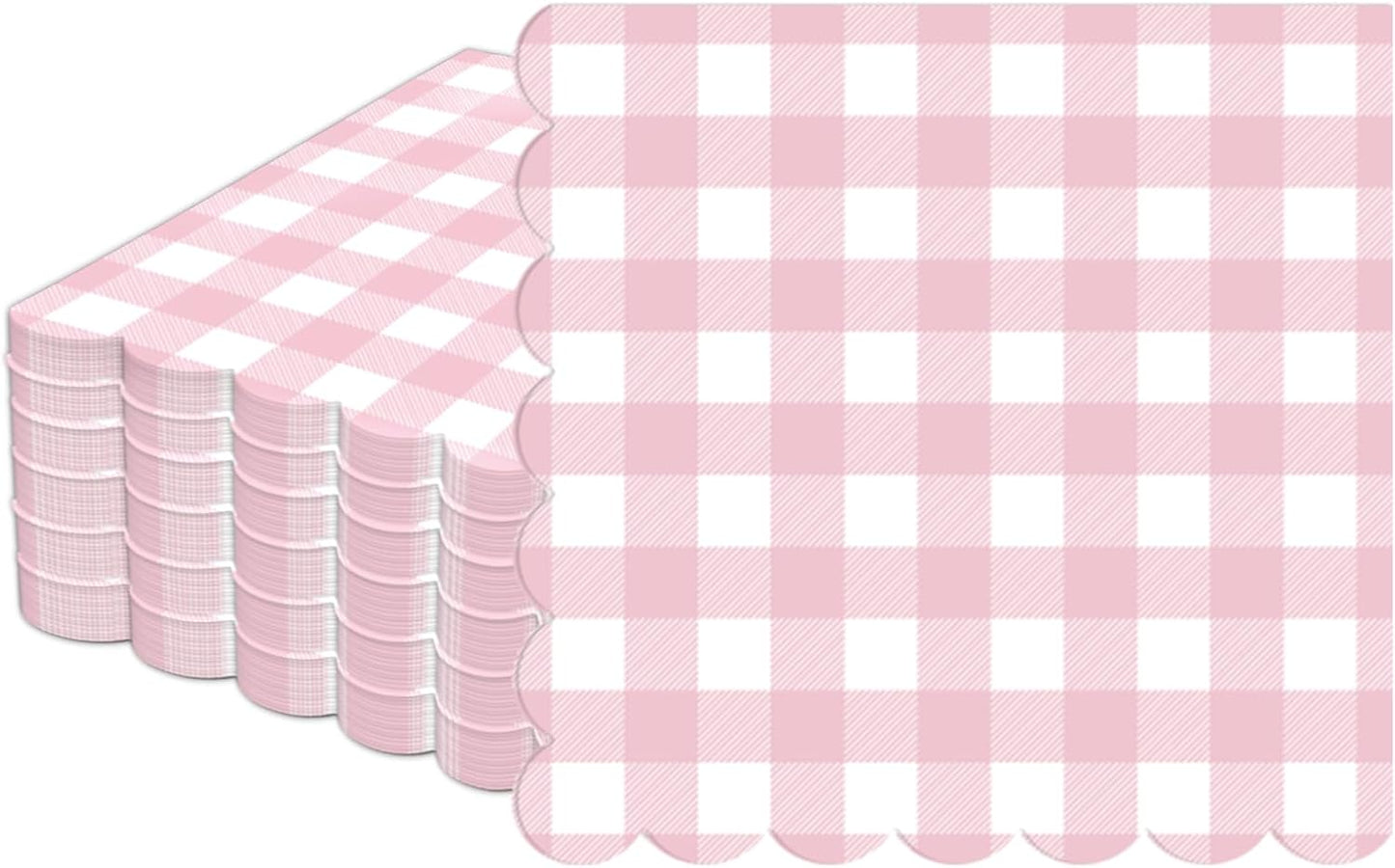 100Pcs Pink Scalloped Napkins Pink and White Checkered Decorative Party Supplies Light Plaid Checkered Dessert Napkins for Girls Women Wedding Birthday Baby Shower Summer Picnic Party Favor