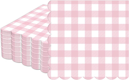 100Pcs Pink Scalloped Napkins Pink and White Checkered Decorative Party Supplies Light Plaid Checkered Dessert Napkins for Girls Women Wedding Birthday Baby Shower Summer Picnic Party Favor