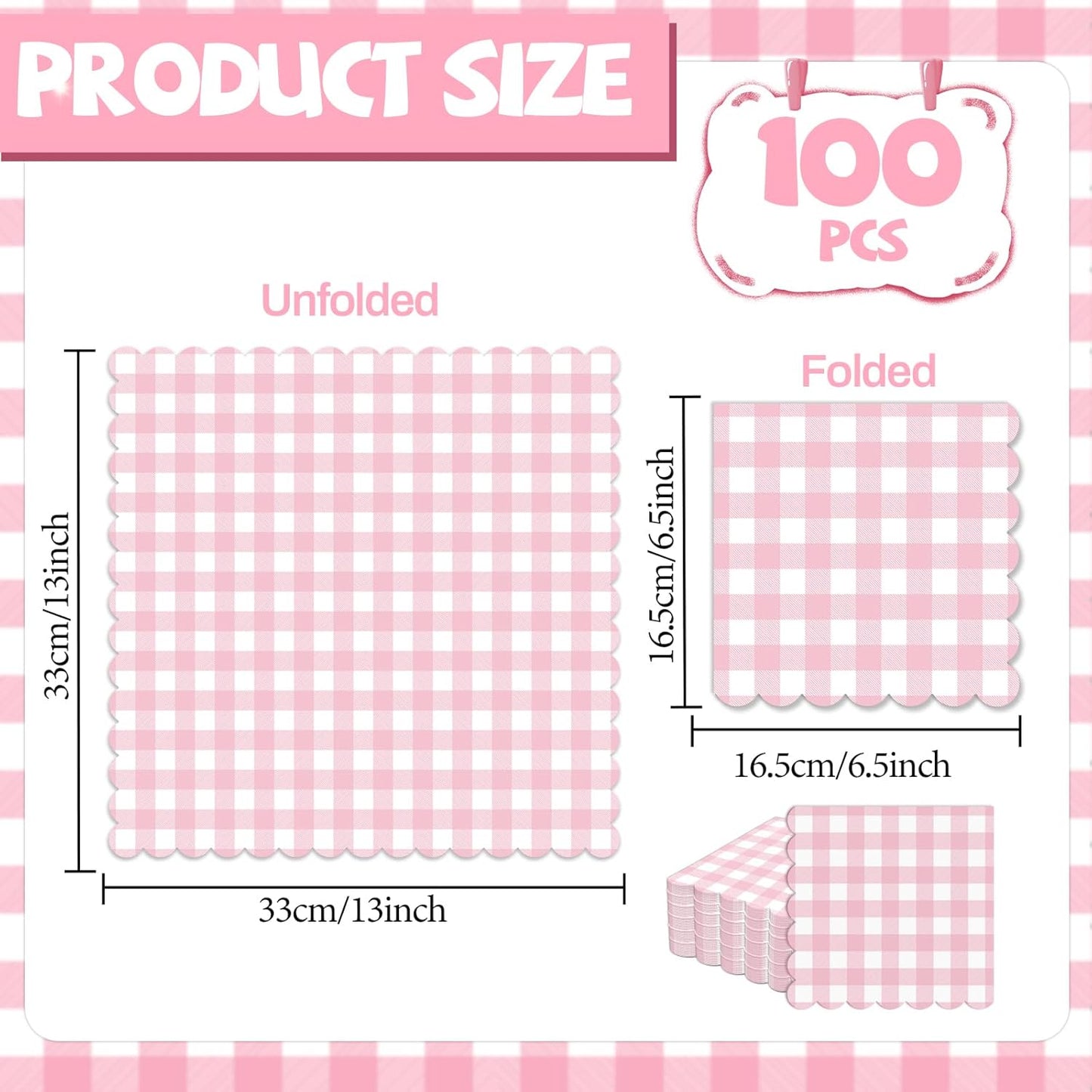 100Pcs Pink Scalloped Napkins Pink and White Checkered Decorative Party Supplies Light Plaid Checkered Dessert Napkins for Girls Women Wedding Birthday Baby Shower Summer Picnic Party Favor