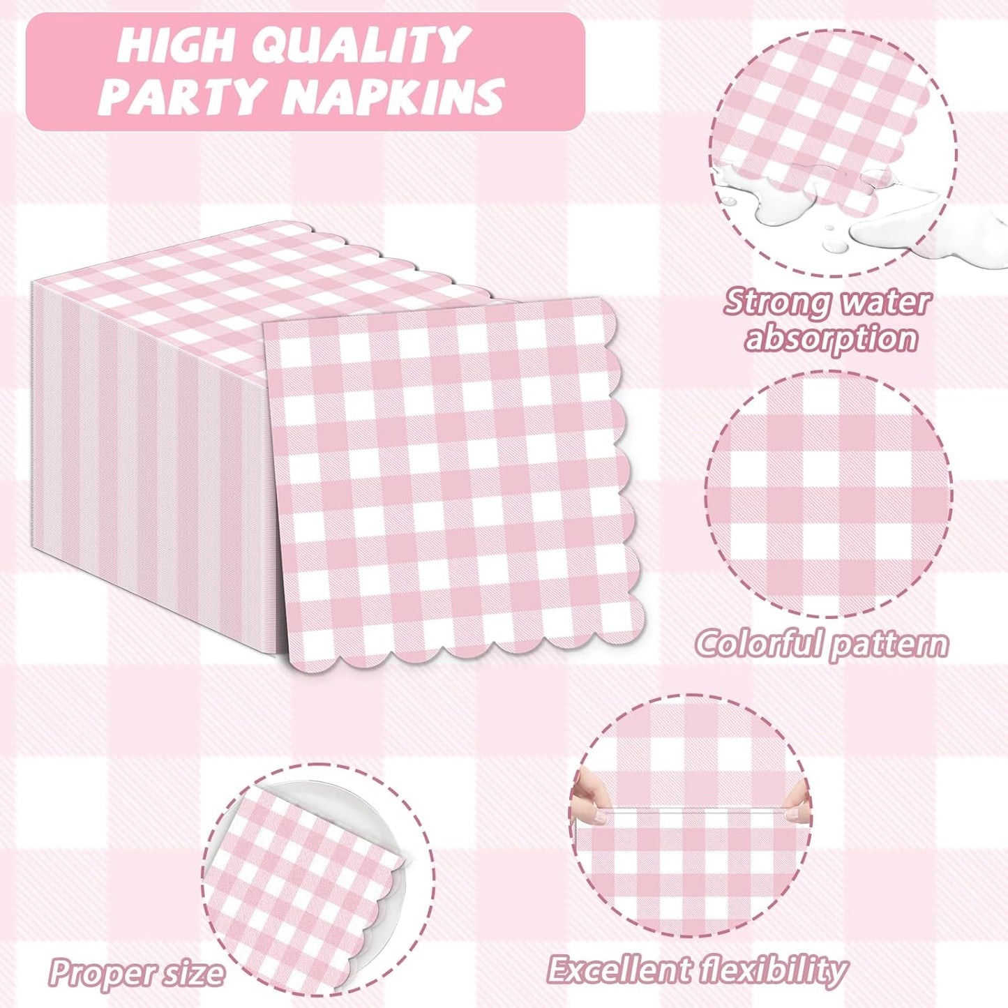 100Pcs Pink Scalloped Napkins Pink and White Checkered Decorative Party Supplies Light Plaid Checkered Dessert Napkins for Girls Women Wedding Birthday Baby Shower Summer Picnic Party Favor