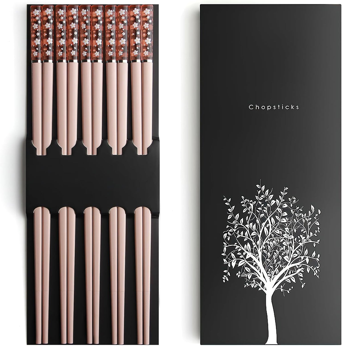 5 Pairs Reusable Fiberglass Chopsticks, 9.56 Inches Pink Non-slip Chop Sticks, Dashwasher Safe Lightweight Japanese Chinese Sakura Chopsticks for Home Restaurant