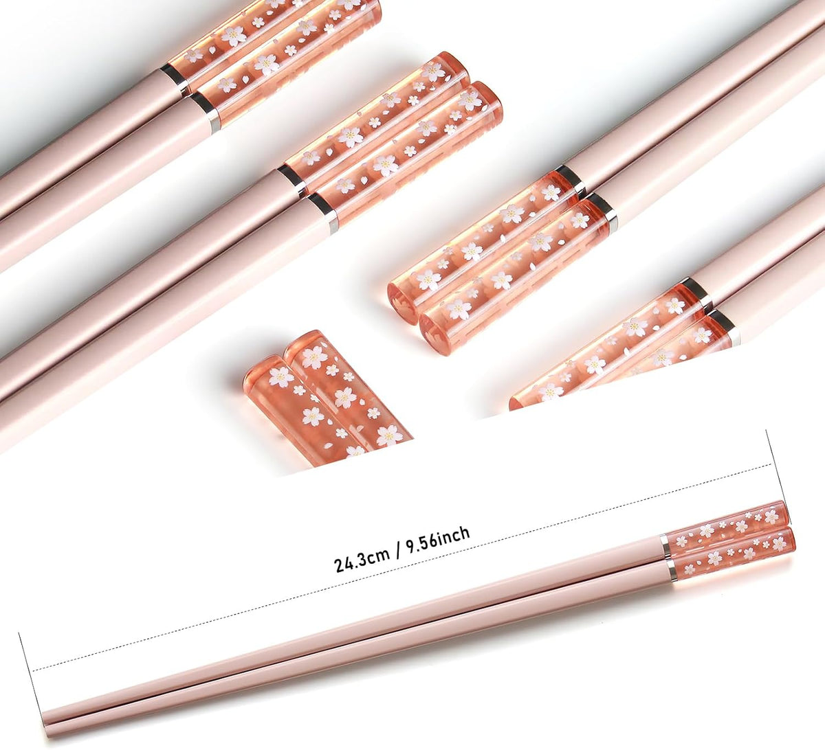 5 Pairs Reusable Fiberglass Chopsticks, 9.56 Inches Pink Non-slip Chop Sticks, Dashwasher Safe Lightweight Japanese Chinese Sakura Chopsticks for Home Restaurant