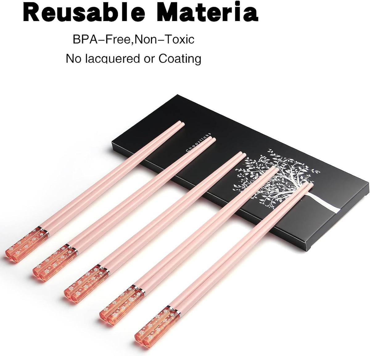 5 Pairs Reusable Fiberglass Chopsticks, 9.56 Inches Pink Non-slip Chop Sticks, Dashwasher Safe Lightweight Japanese Chinese Sakura Chopsticks for Home Restaurant