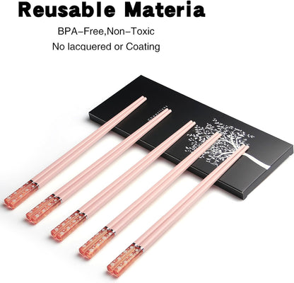 5 Pairs Reusable Fiberglass Chopsticks, 9.56 Inches Pink Non-slip Chop Sticks, Dashwasher Safe Lightweight Japanese Chinese Sakura Chopsticks for Home Restaurant