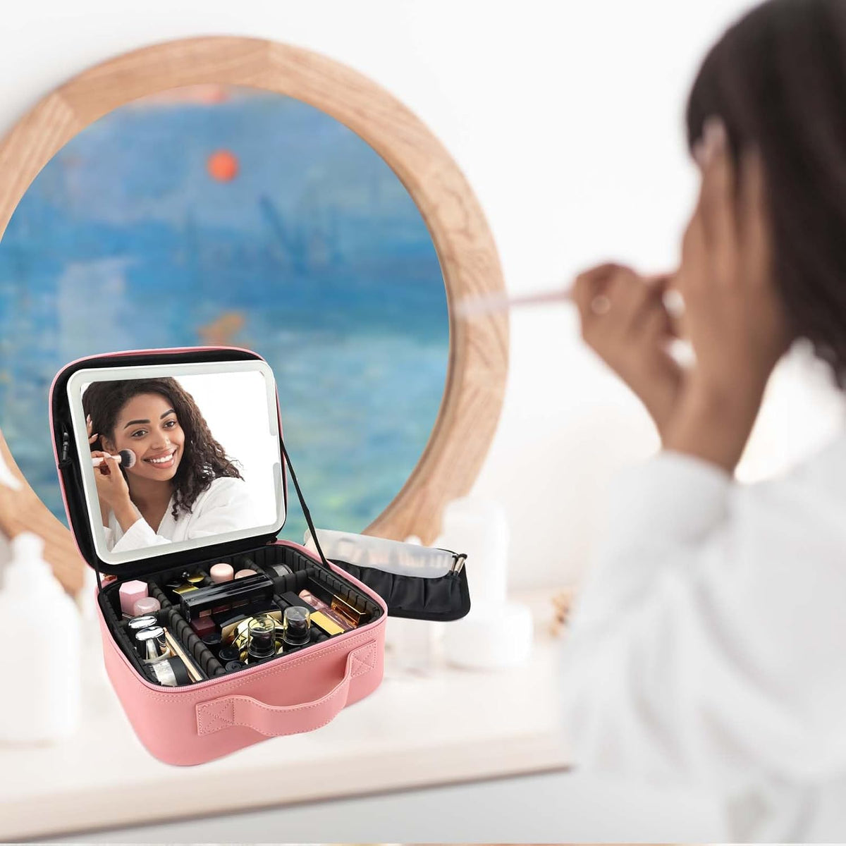 Travel Makeup Bag with LED Mirror Travel Makeup Organizer with 3 Lighted Settings, Adjustable Dividers and Makeup Brush Storage Bag Pink