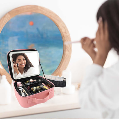 Travel Makeup Bag with LED Mirror Travel Makeup Organizer with 3 Lighted Settings, Adjustable Dividers and Makeup Brush Storage Bag Pink