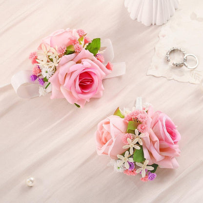 Pink Corsage and Boutonniere Set Prom Wedding Flower Wrist Corsage