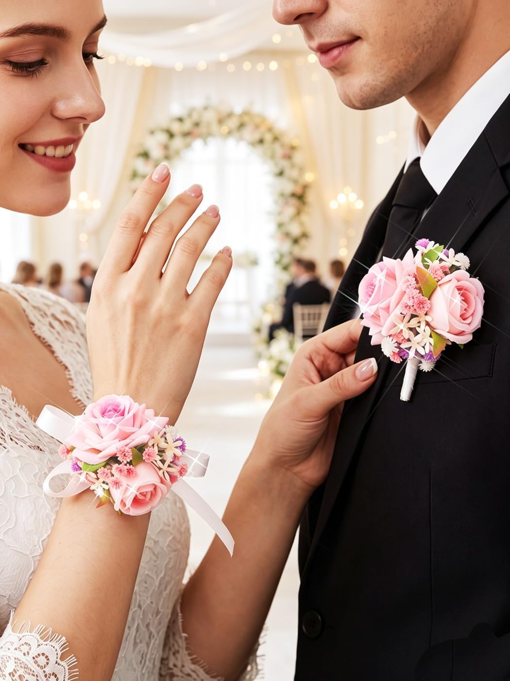 Pink Corsage and Boutonniere Set Prom Wedding Flower Wrist Corsage