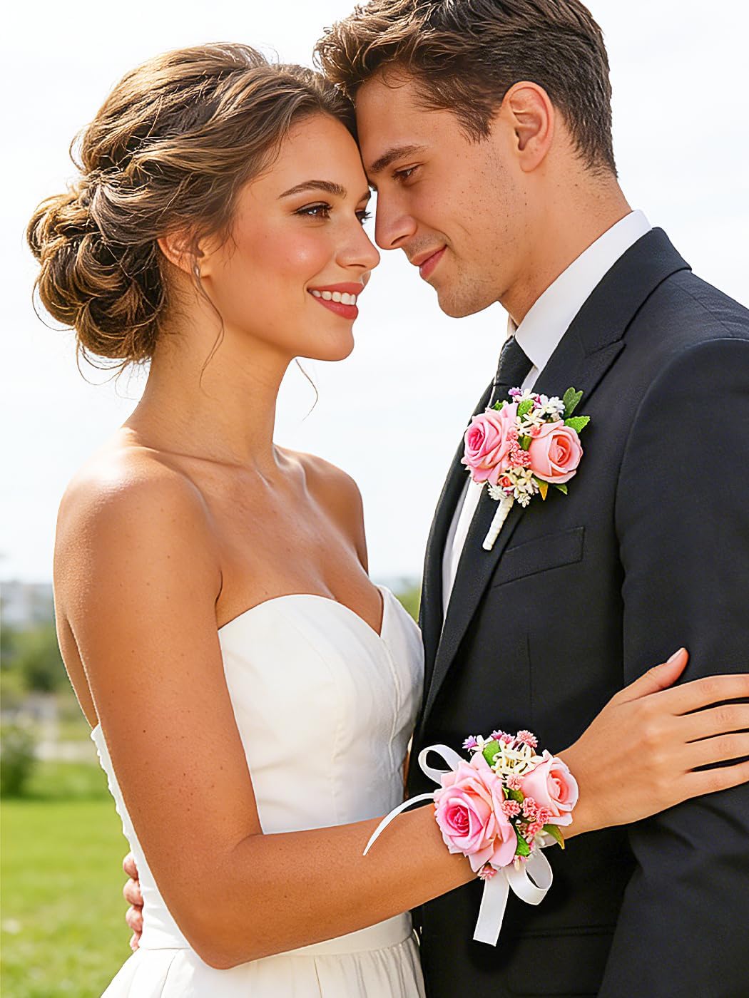 Pink Corsage and Boutonniere Set Prom Wedding Flower Wrist Corsage