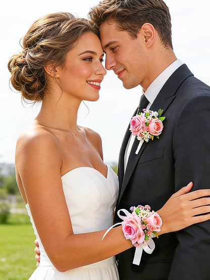 Pink Corsage and Boutonniere Set Prom Wedding Flower Wrist Corsage