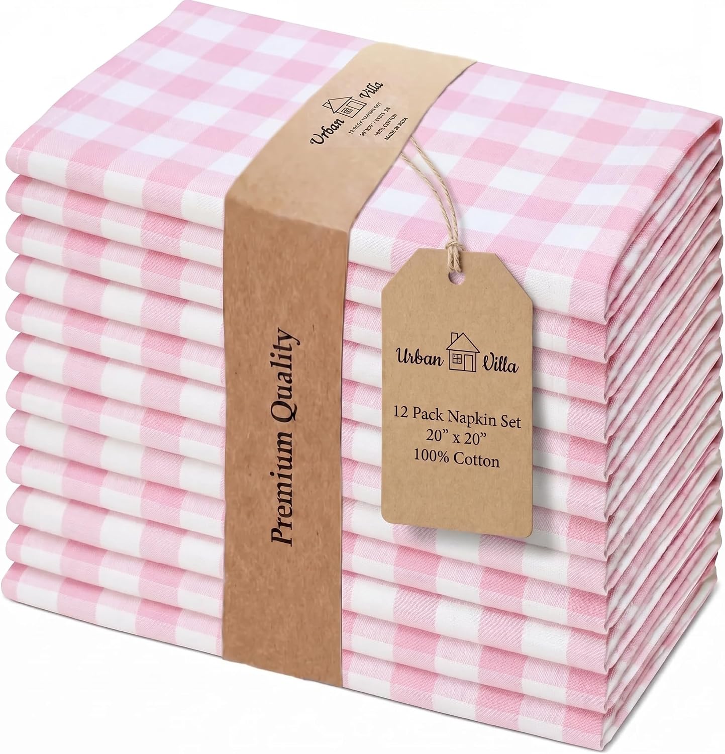 Urban Villa Cloth Napkins 100% Cotton Highly Absorbent Washable Reusable Premium Dinner Napkins Ideal for Gifts for Mothers Day Hotel Farmhouse Parties - Pink/White Checks (20" x 20", Set of 12)