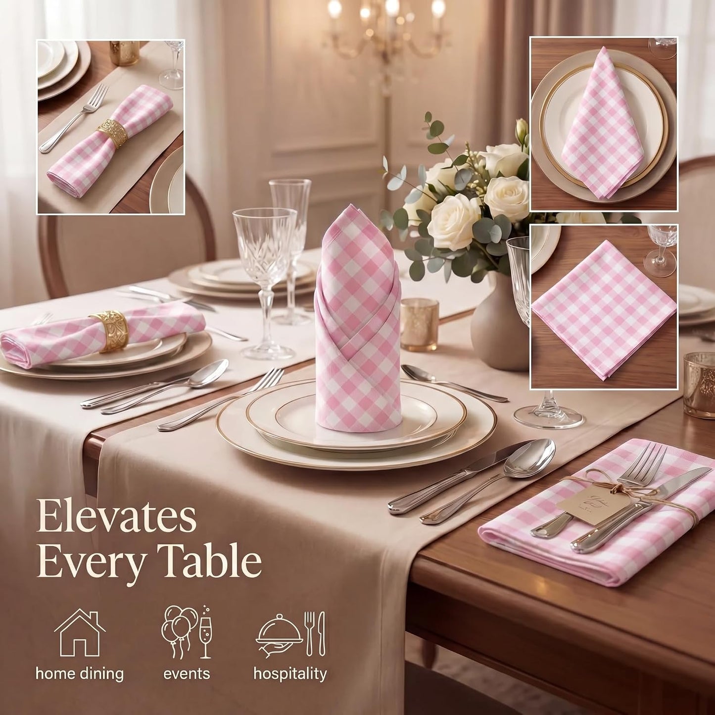 Urban Villa Cloth Napkins 100% Cotton Highly Absorbent Washable Reusable Premium Dinner Napkins Ideal for Gifts for Mothers Day Hotel Farmhouse Parties - Pink/White Checks (20" x 20", Set of 12)