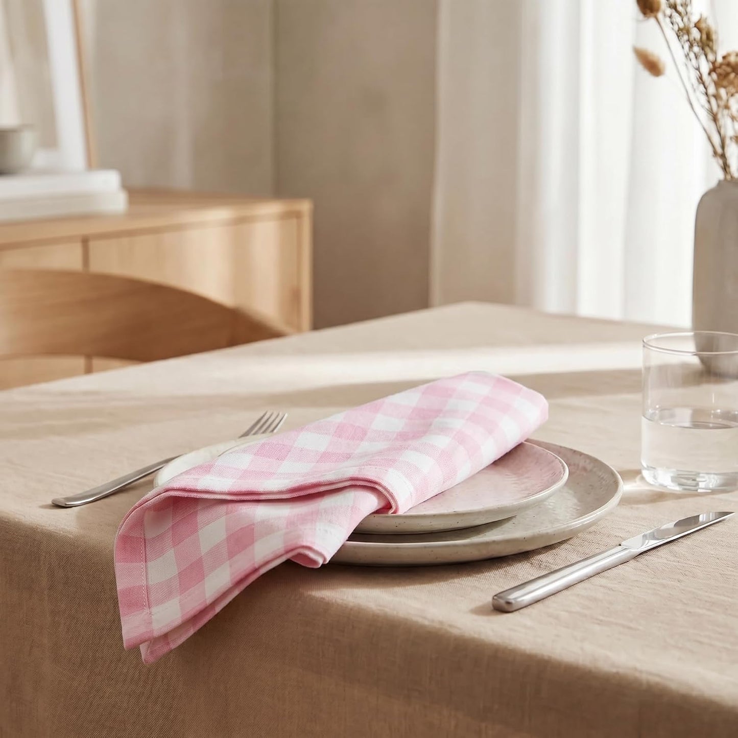 Urban Villa Cloth Napkins 100% Cotton Highly Absorbent Washable Reusable Premium Dinner Napkins Ideal for Gifts for Mothers Day Hotel Farmhouse Parties - Pink/White Checks (20" x 20", Set of 12)