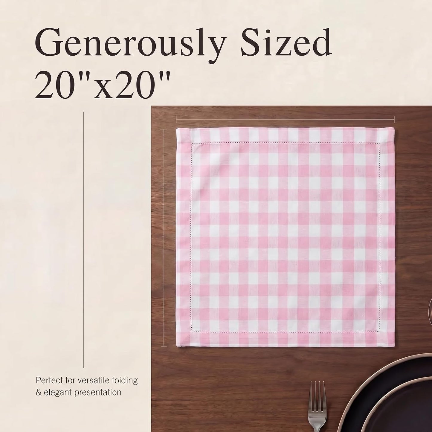 Urban Villa Cloth Napkins 100% Cotton Highly Absorbent Washable Reusable Premium Dinner Napkins Ideal for Gifts for Mothers Day Hotel Farmhouse Parties - Pink/White Checks (20" x 20", Set of 12)