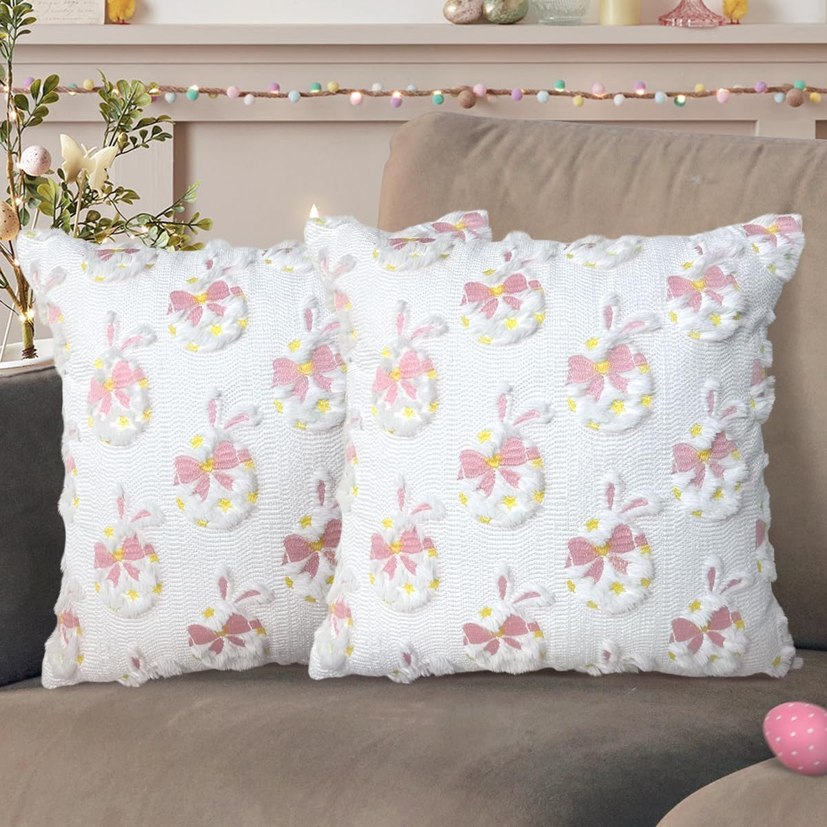 Easter Decorative Pillow Covers 18x18 inch Set of 2, Pink Ears Rabbit White Eggs with Bow Star Embroidered Soft Plush Faux Fur Farmhouse Throw Cushion Cases for Spring Holiday Home Decor