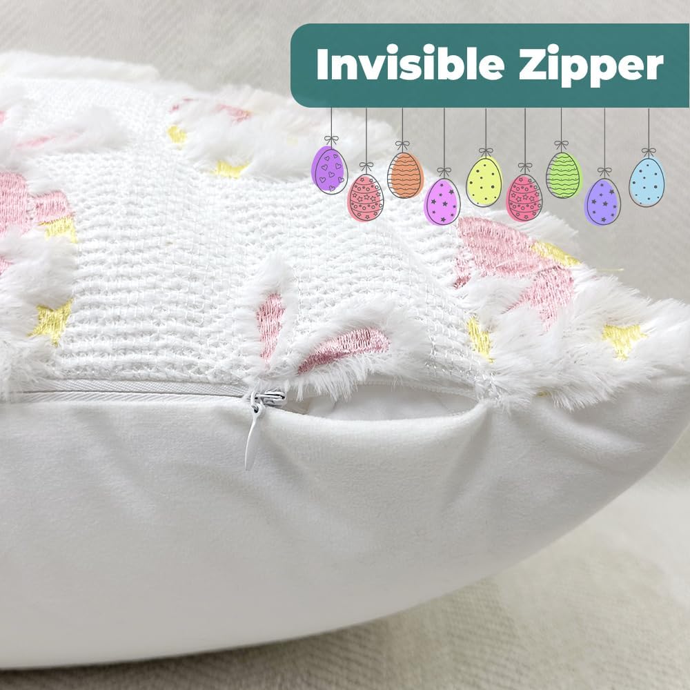 Easter Decorative Pillow Covers 18x18 inch Set of 2, Pink Ears Rabbit White Eggs with Bow Star Embroidered Soft Plush Faux Fur Farmhouse Throw Cushion Cases for Spring Holiday Home Decor