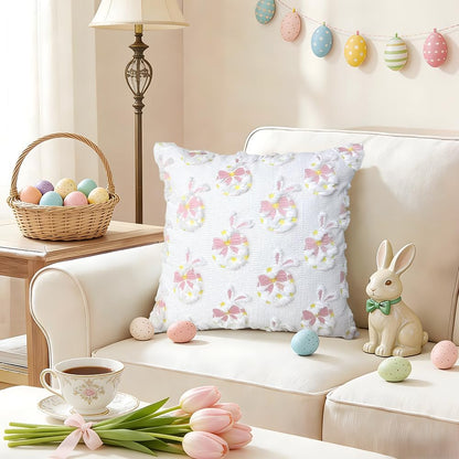 Easter Decorative Pillow Covers 18x18 inch Set of 2, Pink Ears Rabbit White Eggs with Bow Star Embroidered Soft Plush Faux Fur Farmhouse Throw Cushion Cases for Spring Holiday Home Decor